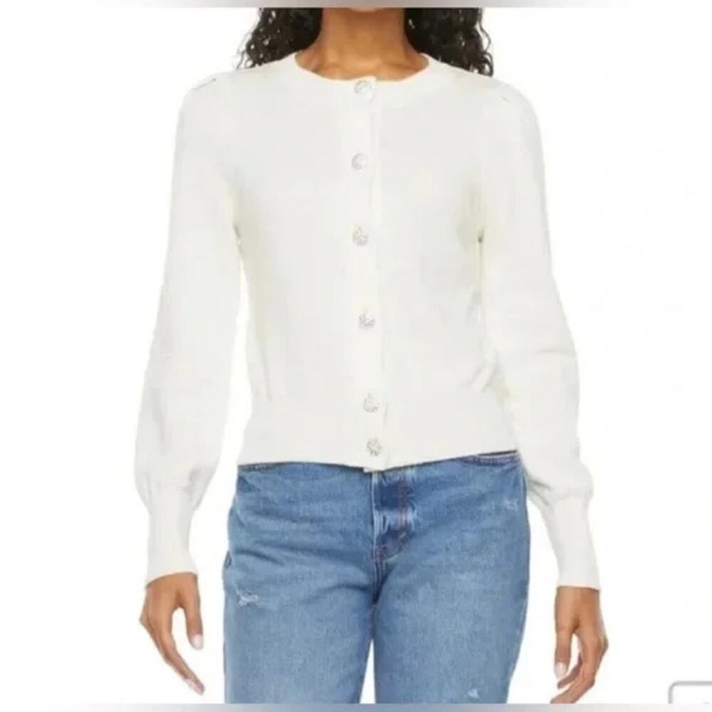 Ryegrass Cashmere Blend Cardigan Sweater Jeweled Buttons Rhinestone Cream White